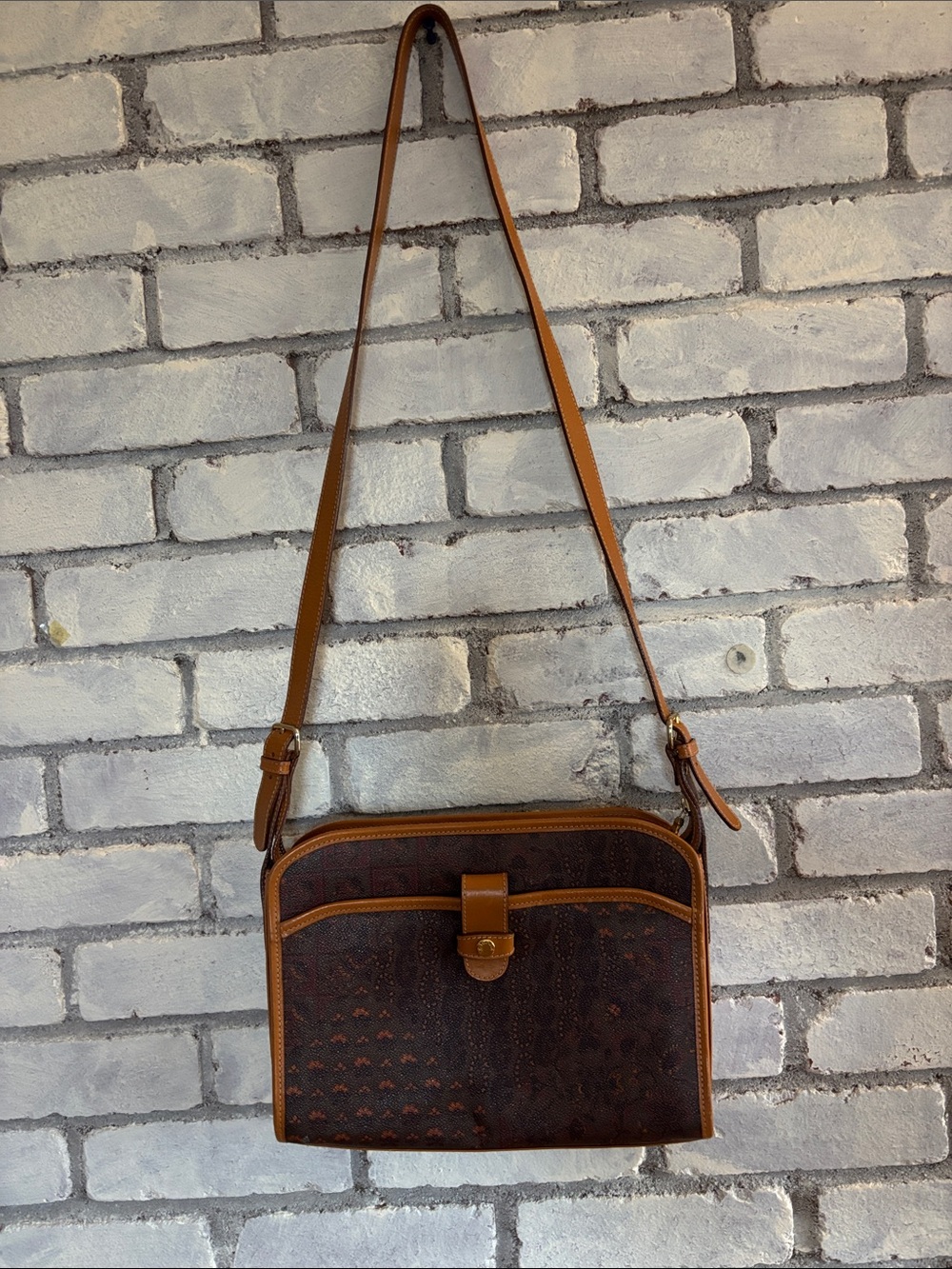 Vintage ESCADA Paisley Leather Crossbody Shoulder Bag Brown Tan 90s